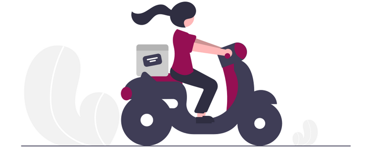 Grafik einer Frau die auf einem Moped fährt mit einem Paket.