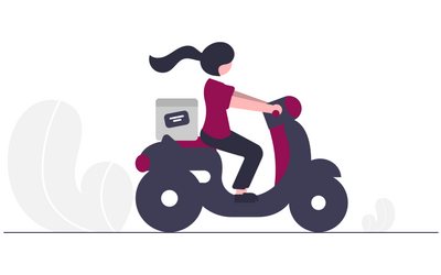 Grafik einer Frau die auf einem Moped fährt mit einem Paket.