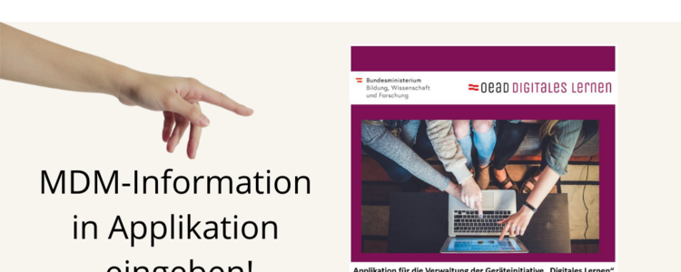 Grafik mit einer Hand, die auf eine Applikation zeigt und der Aufschrift: Digitales Lernen: MDM-Information in Applikation eingeben!