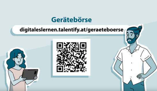 Illustration von einem Mädchen mit einem Tablet und einem Mann. In der Mitte ist ein QR-Code