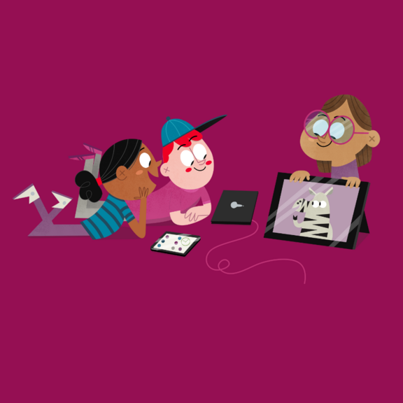 Illustration von Schülern mit einem Tablet