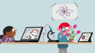 Illustration zeigt zwei Kinder mit digitalen Geräten