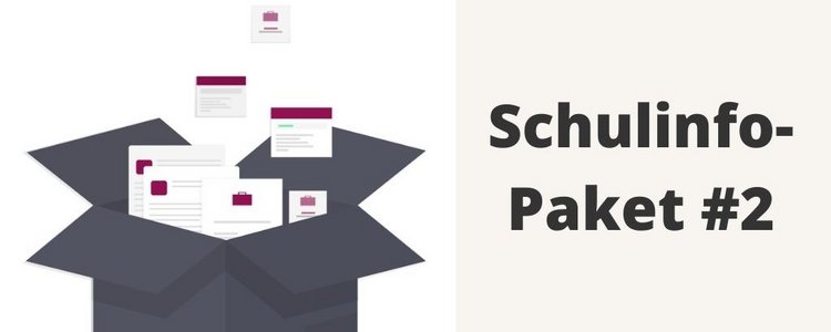 Grafik einer Kiste mit Dokumenten und der Aufschrift Schulinfopaket 2