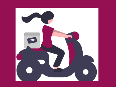 Illustration zeigt eine Frau mit einem Paket auf einem Moped