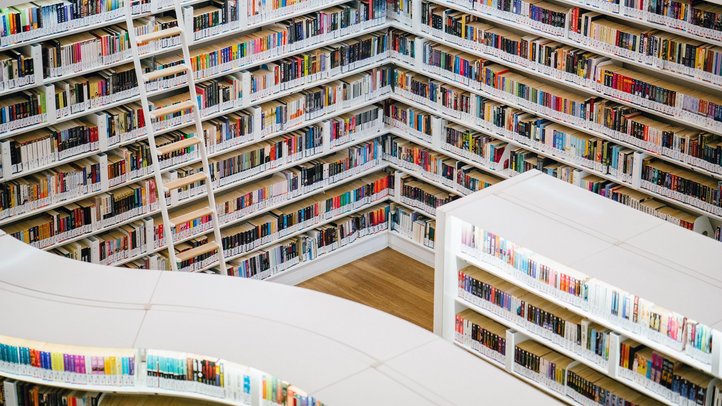 Foto einer weißen Bibliothek mit vielen Büchern. 